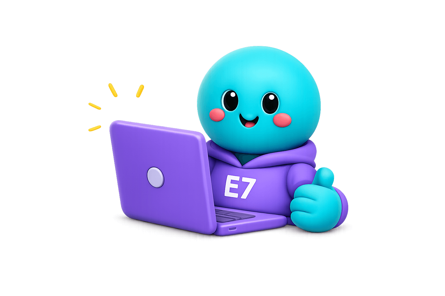 Mascota E7 trabajando en laptop