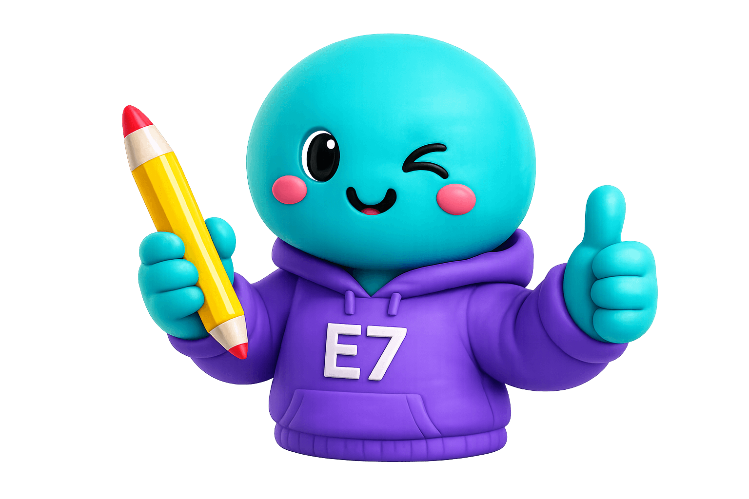 Mascota E7 con lapiz y pulgar arriba